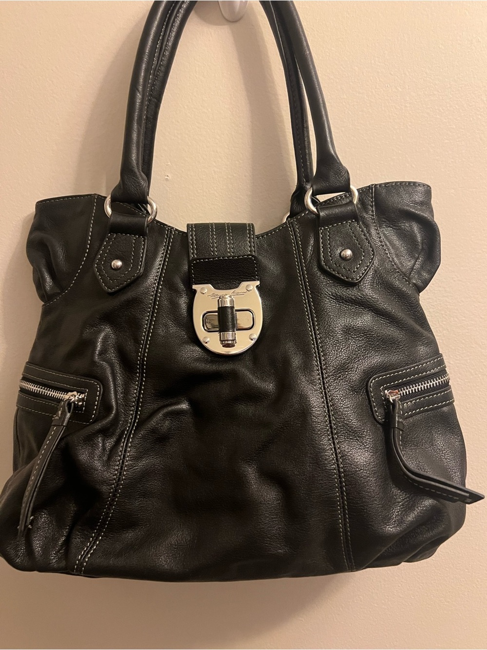 Etienne Aigner Black Leather Shoulder Bag with Silver Hardware